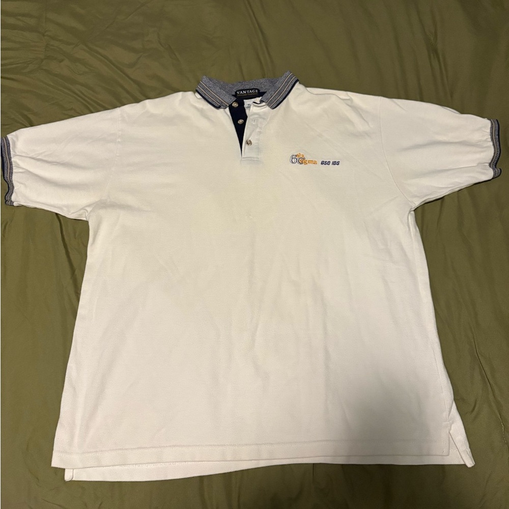 Vintage Polo Shirt, white and navy, XL, GE embroidered